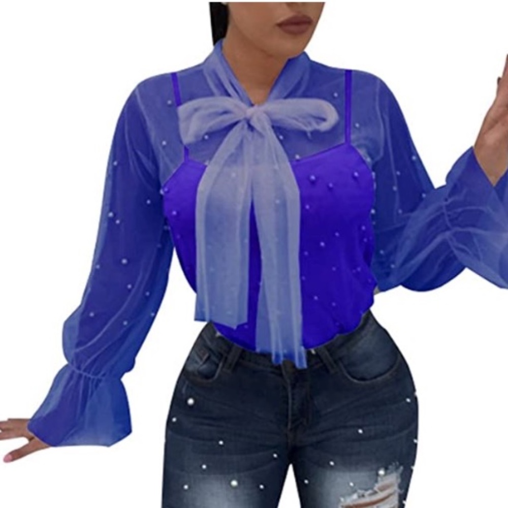 Pearl Beaded sheer flare sleeve blouse